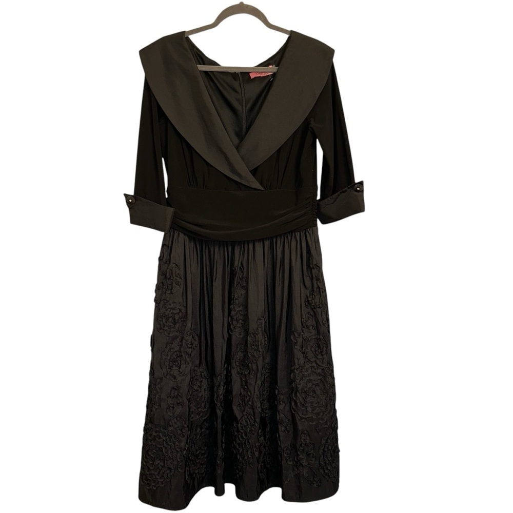Eliza J Collared Crepe Floral Midi Swing 3/4 Sleeve Dress Black 12